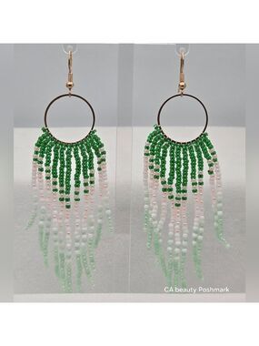 Handmade Gold Hoop Seed Bead Earrings Green Pink White Minimalist